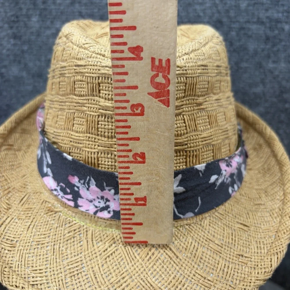 Lucy Love Straw Fedora Hat Womens OS Tan Floral Band Woven Sun Beach Summer Boho